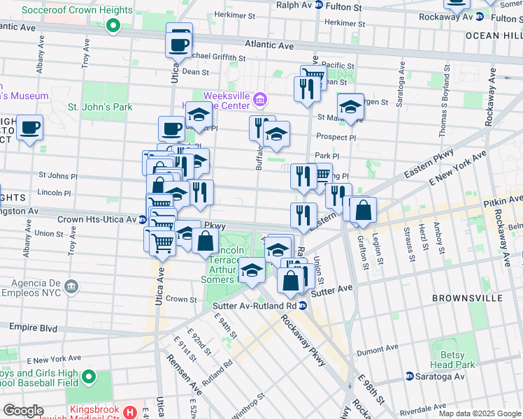 map of restaurants, bars, coffee shops, grocery stores, and more near 279 Buffalo Avenue in Kings County