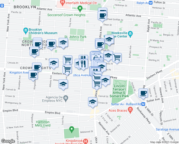 map of restaurants, bars, coffee shops, grocery stores, and more near 1081 Eastern Parkway in Brooklyn