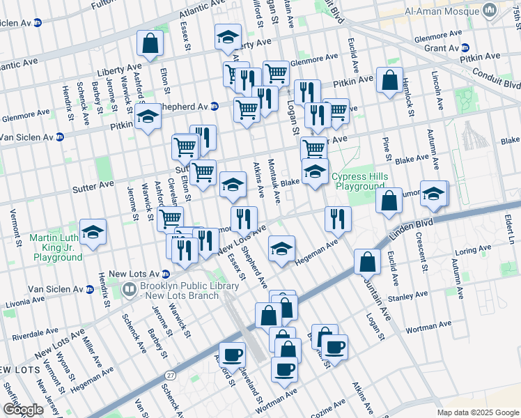 map of restaurants, bars, coffee shops, grocery stores, and more near 382 Atkins Avenue in Brooklyn