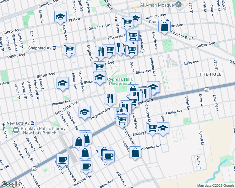 map of restaurants, bars, coffee shops, grocery stores, and more near 700 Euclid Avenue in Brooklyn