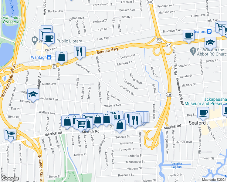 map of restaurants, bars, coffee shops, grocery stores, and more near 2042 Seaford Avenue in Seaford