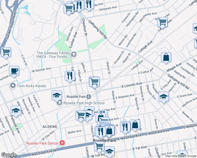 map of restaurants, bars, coffee shops, grocery stores, and more near 15 East Colfax Avenue in Roselle Park