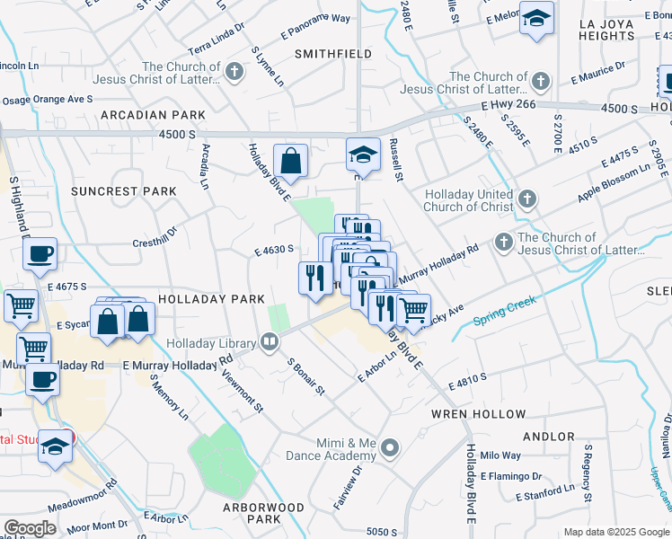 map of restaurants, bars, coffee shops, grocery stores, and more near in Holladay