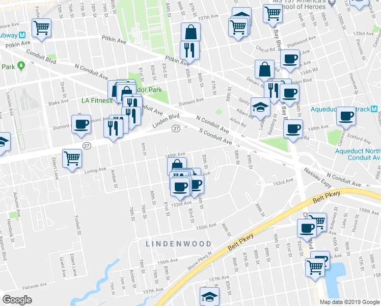map of restaurants, bars, coffee shops, grocery stores, and more near 83-22 149th Avenue in Queens