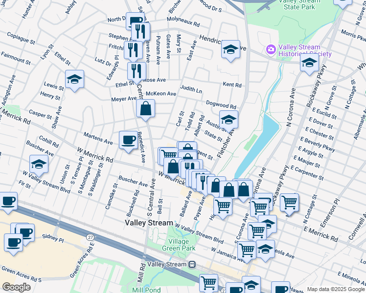 map of restaurants, bars, coffee shops, grocery stores, and more near 71 Regent Street in Valley Stream