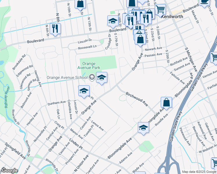 map of restaurants, bars, coffee shops, grocery stores, and more near 14 Hazel Street in Cranford