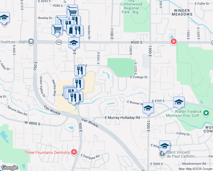 map of restaurants, bars, coffee shops, grocery stores, and more near 4651 South Quail Vista Cove in Salt Lake City