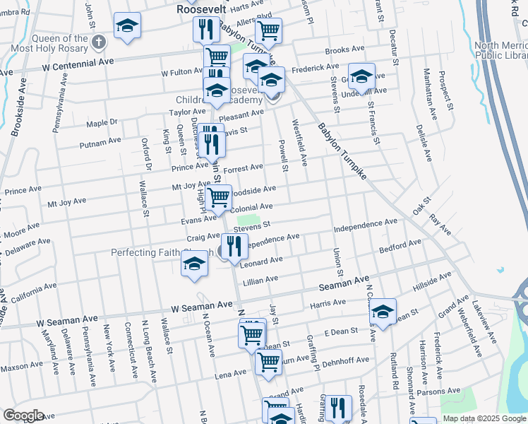 map of restaurants, bars, coffee shops, grocery stores, and more near 50 Colonial Avenue in Freeport