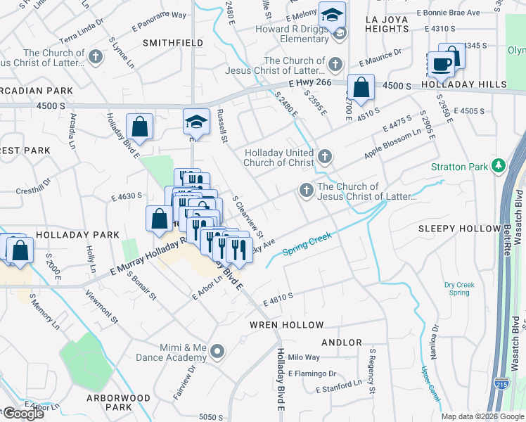 map of restaurants, bars, coffee shops, grocery stores, and more near 2480 East Murray Holladay Road in Holladay