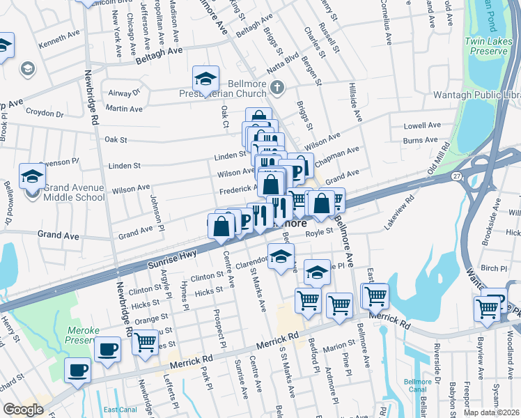 map of restaurants, bars, coffee shops, grocery stores, and more near 216 Pettit Avenue in North Bellmore