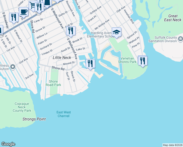 map of restaurants, bars, coffee shops, grocery stores, and more near 845 South Wellwood Avenue in Lindenhurst