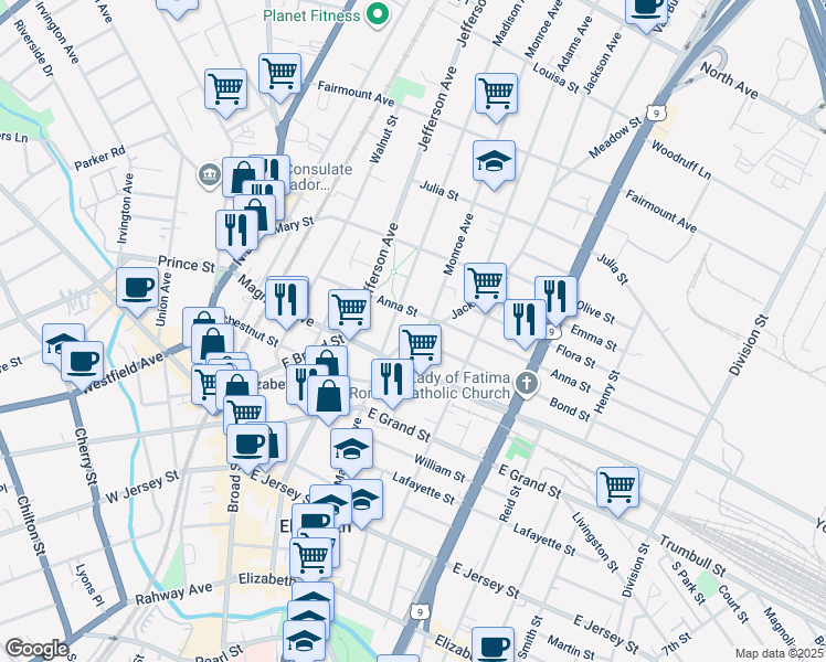 map of restaurants, bars, coffee shops, grocery stores, and more near 426 Jackson Avenue in Elizabeth