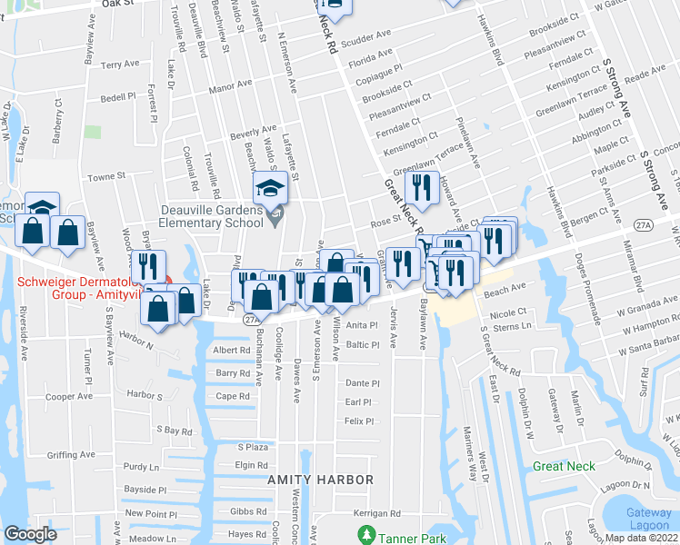 map of restaurants, bars, coffee shops, grocery stores, and more near 10 Glen Ln in Copiague