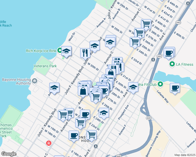 map of restaurants, bars, coffee shops, grocery stores, and more near 650 Avenue C in Bayonne