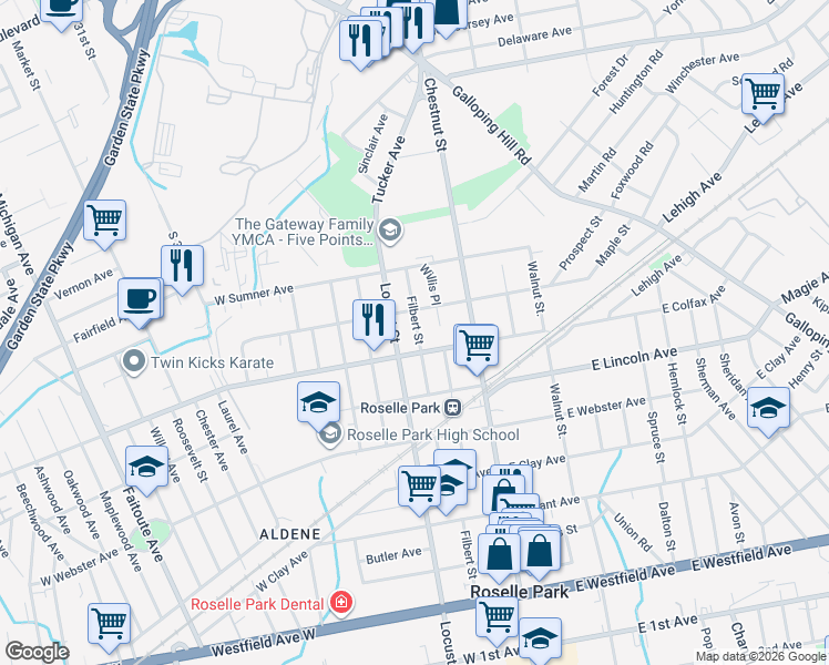 map of restaurants, bars, coffee shops, grocery stores, and more near 719 Filbert Street in Roselle Park