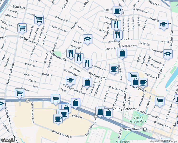 map of restaurants, bars, coffee shops, grocery stores, and more near 475 West Merrick Road in Valley Stream