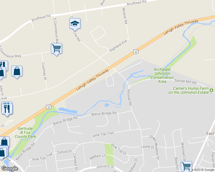 map of restaurants, bars, coffee shops, grocery stores, and more near Cottage Drive in Bethlehem