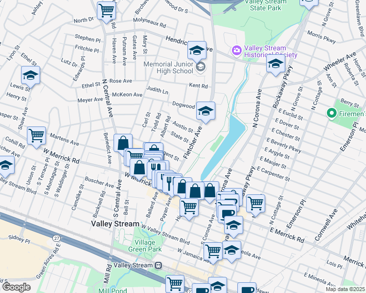 map of restaurants, bars, coffee shops, grocery stores, and more near 17 Teneyck Avenue in Valley Stream