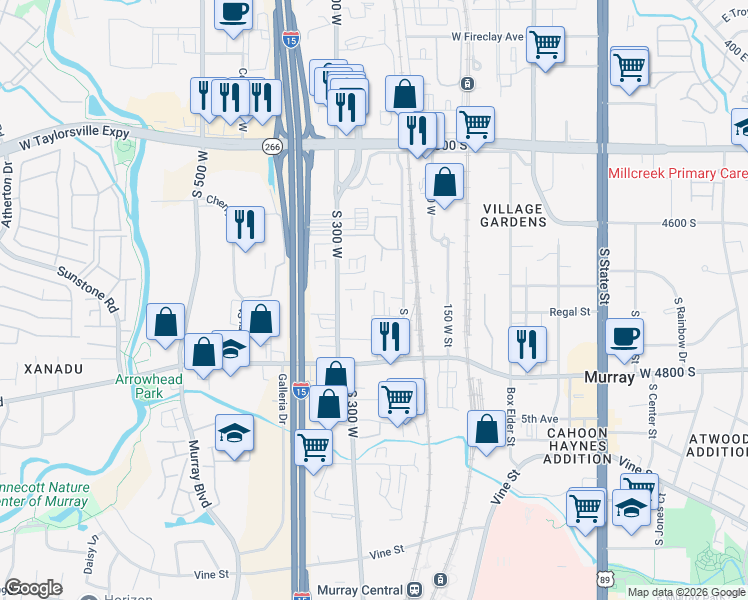 map of restaurants, bars, coffee shops, grocery stores, and more near 4707 Commerce Drive in Murray