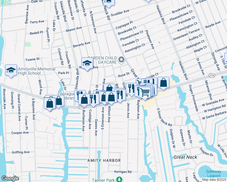 map of restaurants, bars, coffee shops, grocery stores, and more near 10 Glen Lane in Copiague