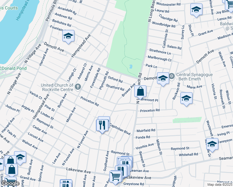 map of restaurants, bars, coffee shops, grocery stores, and more near 31 Devon Road in Rockville Centre
