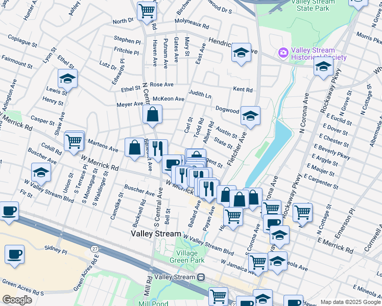 map of restaurants, bars, coffee shops, grocery stores, and more near 71 Regent Street in Valley Stream