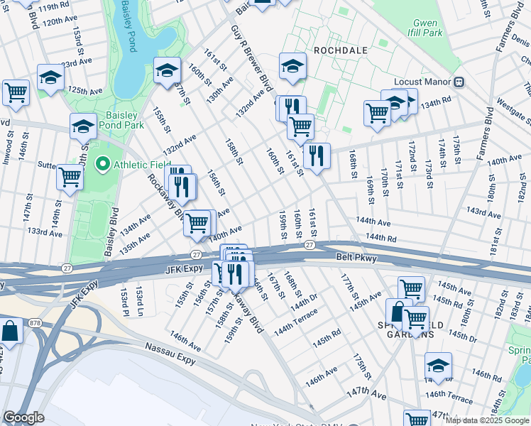 map of restaurants, bars, coffee shops, grocery stores, and more near 137-26 158th Street in Queens