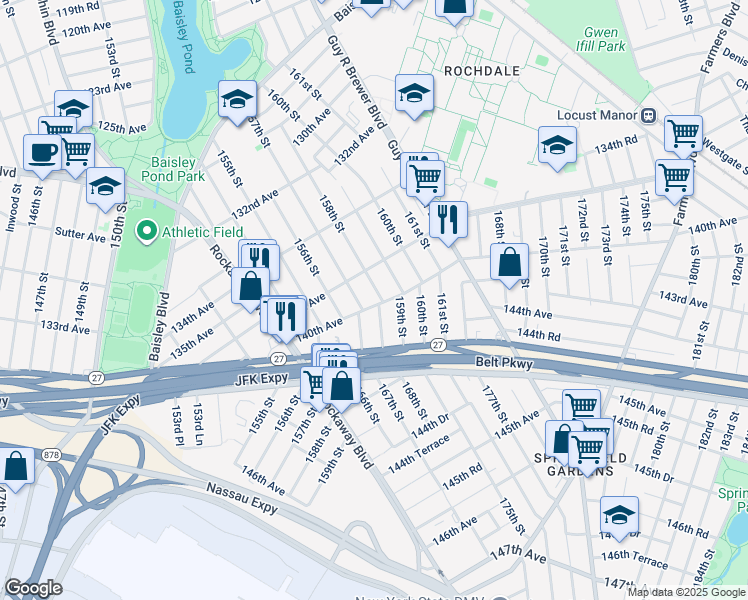 map of restaurants, bars, coffee shops, grocery stores, and more near 137-26 158th Street in Queens
