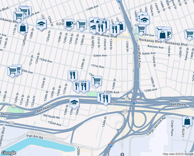 map of restaurants, bars, coffee shops, grocery stores, and more near 131-49 131st Street in Queens