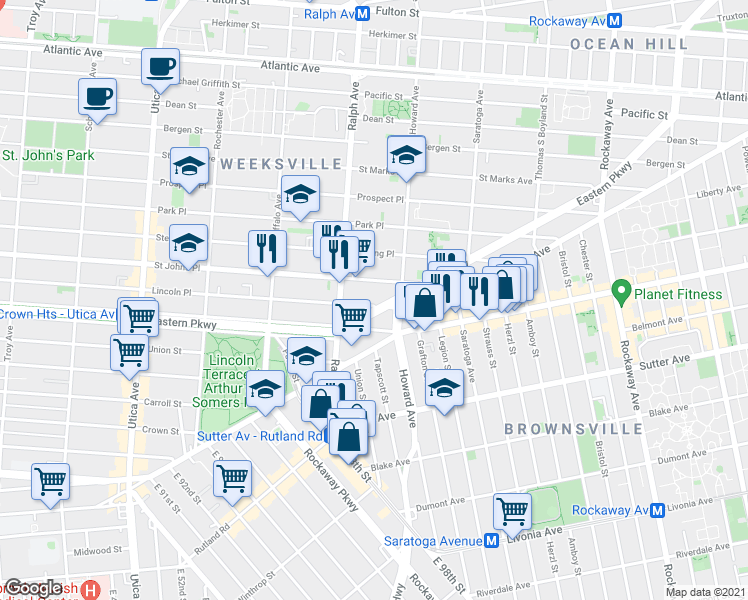map of restaurants, bars, coffee shops, grocery stores, and more near 1663 Lincoln Place in Brooklyn