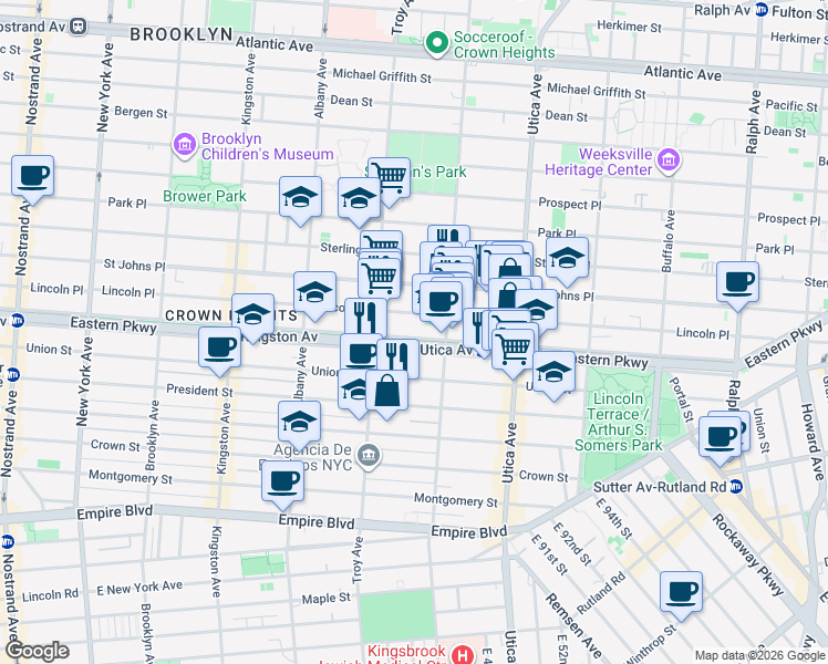 map of restaurants, bars, coffee shops, grocery stores, and more near 1005 Eastern Parkway in Brooklyn