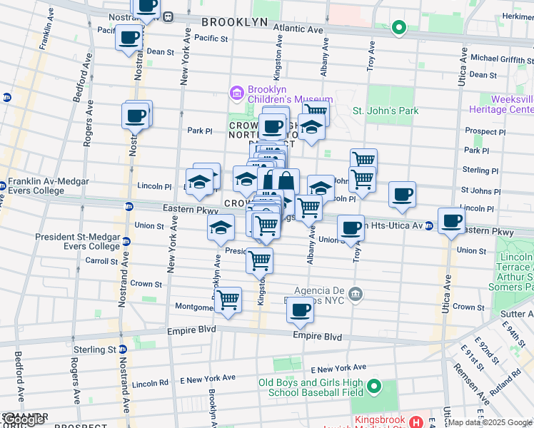 map of restaurants, bars, coffee shops, grocery stores, and more near Eastern Pkwy & Kingston Ave in Brooklyn
