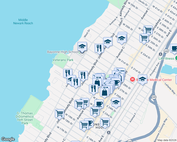 map of restaurants, bars, coffee shops, grocery stores, and more near 122 West 27th Street in Bayonne