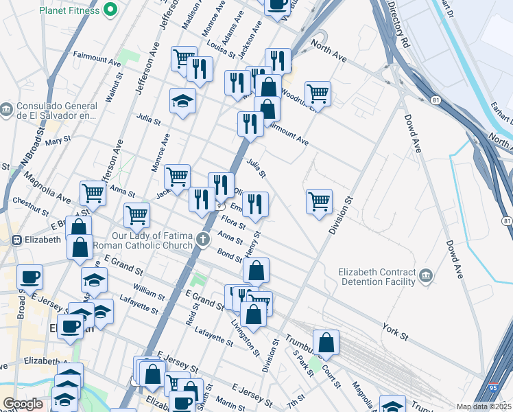 map of restaurants, bars, coffee shops, grocery stores, and more near 922-924 Olive Street in Elizabeth