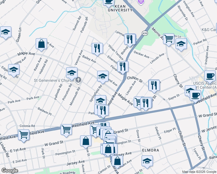 map of restaurants, bars, coffee shops, grocery stores, and more near 631 Magie Avenue in Elizabeth