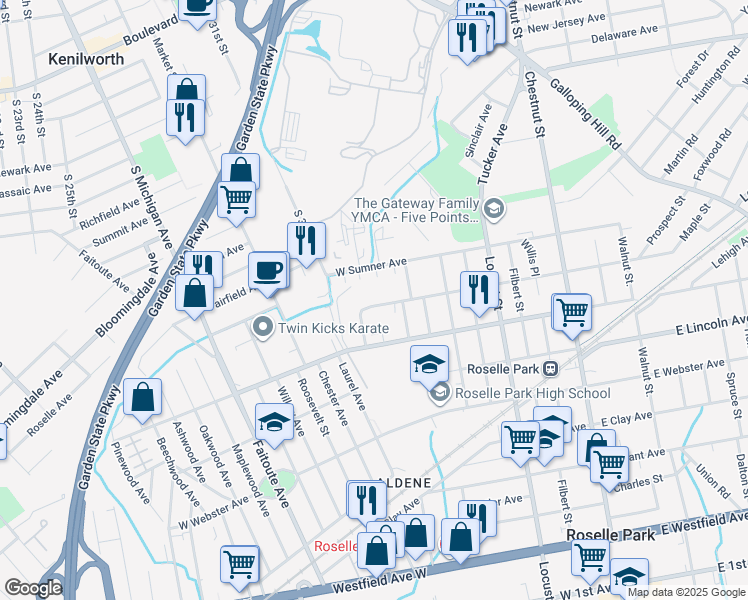 map of restaurants, bars, coffee shops, grocery stores, and more near 22B West Roselle Avenue in Roselle Park