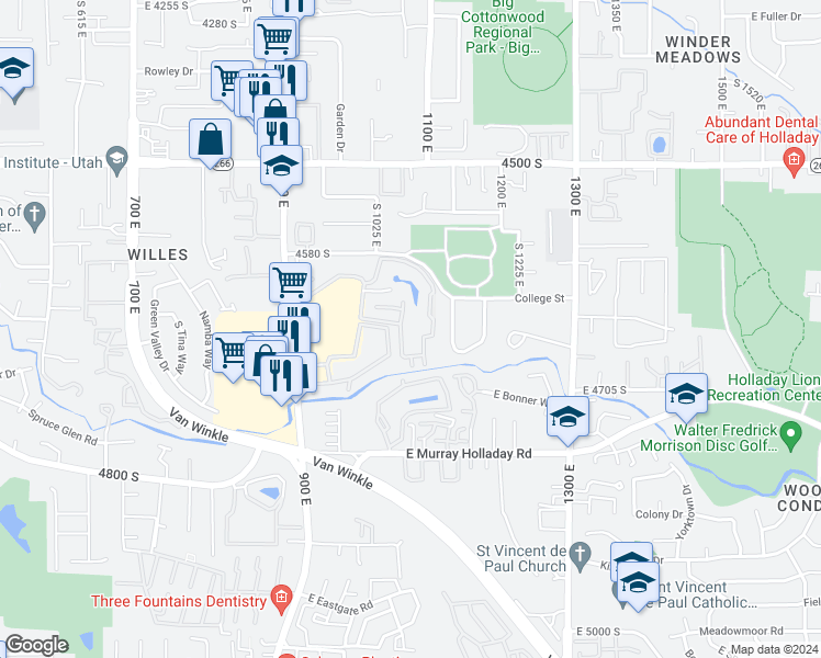 map of restaurants, bars, coffee shops, grocery stores, and more near 4651 South Quail Vista Cove in Salt Lake City