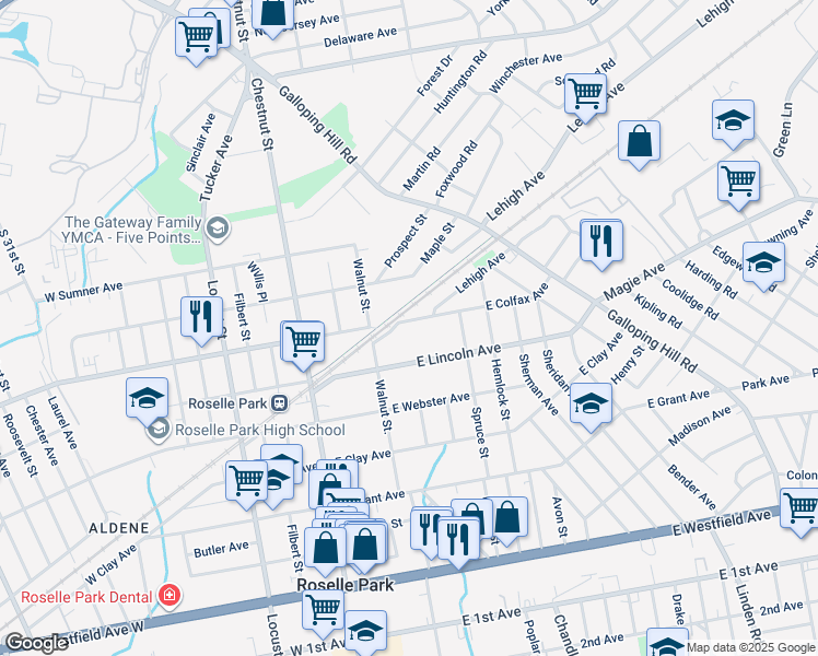 map of restaurants, bars, coffee shops, grocery stores, and more near 124 East Colfax Avenue in Roselle Park