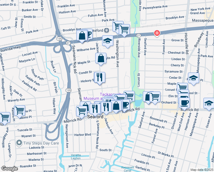 map of restaurants, bars, coffee shops, grocery stores, and more near 3931 Waverly Avenue in Seaford