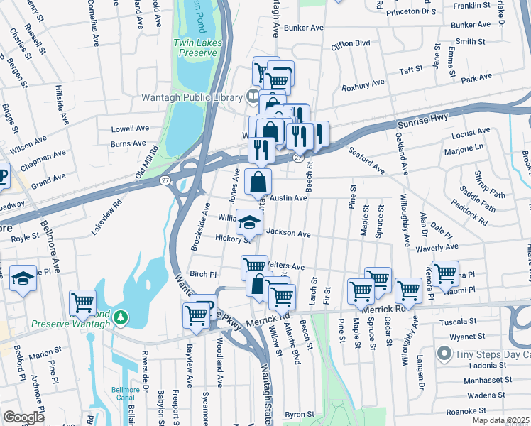 map of restaurants, bars, coffee shops, grocery stores, and more near 2091 Wantagh Avenue in Wantagh