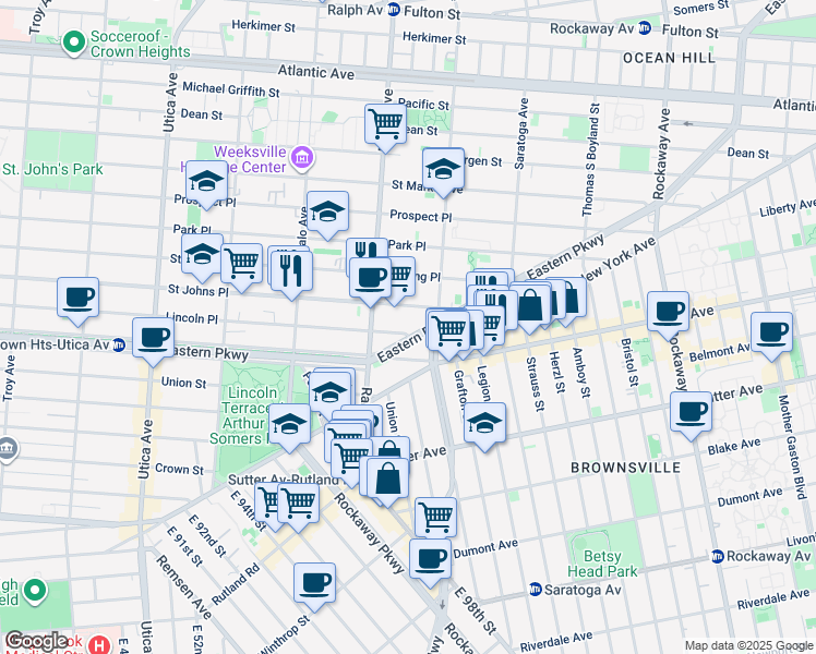 map of restaurants, bars, coffee shops, grocery stores, and more near 1663 Lincoln Place in Brooklyn