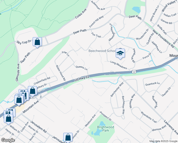 map of restaurants, bars, coffee shops, grocery stores, and more near 1605 Justin Place in Mountainside