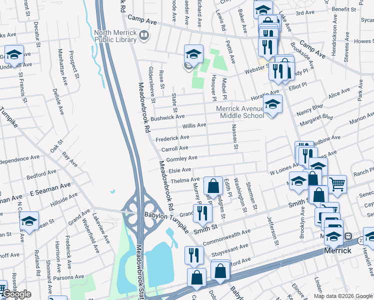 map of restaurants, bars, coffee shops, grocery stores, and more near 1770 Carroll Avenue in Merrick