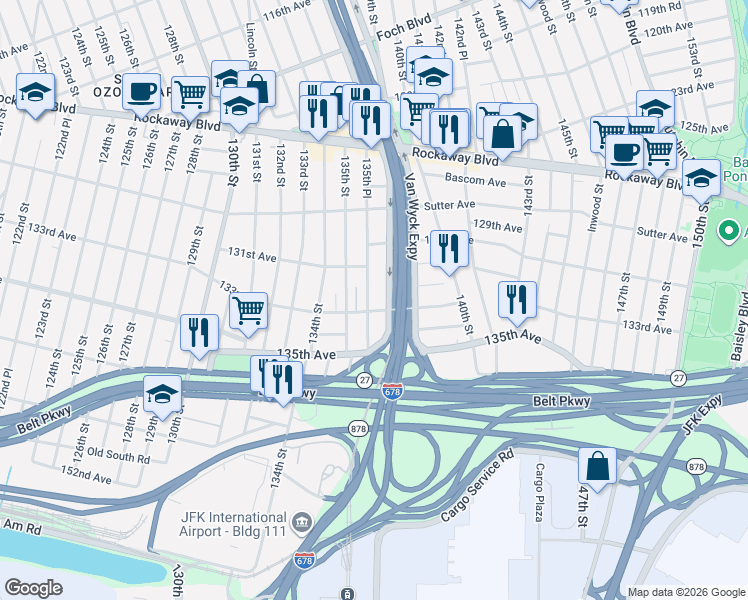 map of restaurants, bars, coffee shops, grocery stores, and more near 131-34 135th Place in Queens