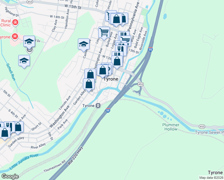 map of restaurants, bars, coffee shops, grocery stores, and more near 924 Pennsylvania Avenue in Tyrone
