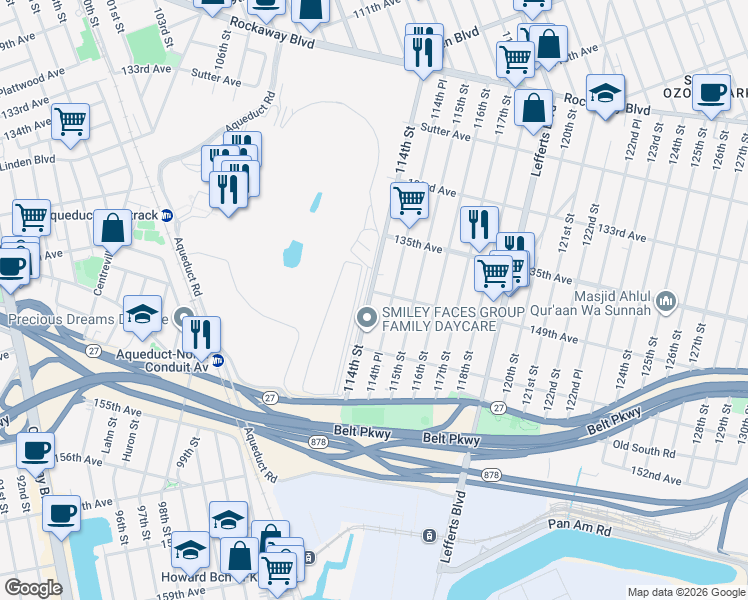 map of restaurants, bars, coffee shops, grocery stores, and more near 114-04 149th Avenue in Queens