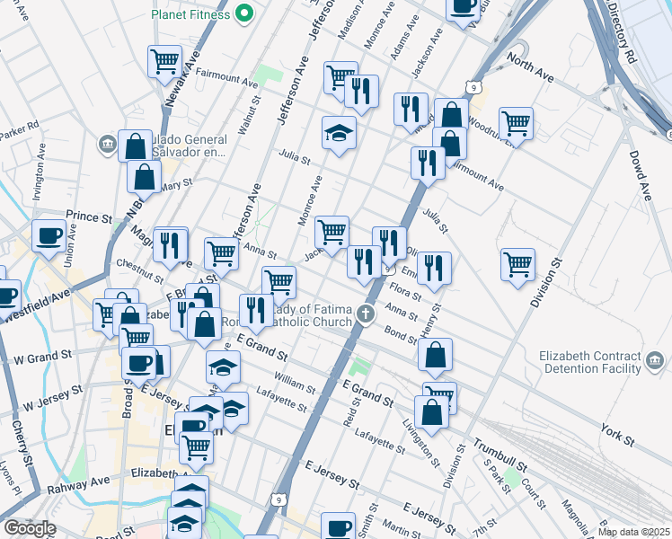 map of restaurants, bars, coffee shops, grocery stores, and more near 449 Catherine Street in Elizabeth