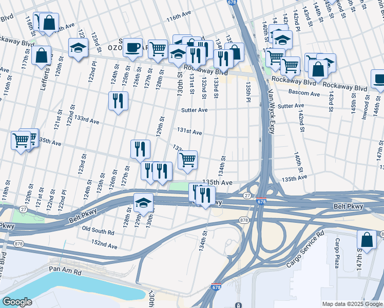 map of restaurants, bars, coffee shops, grocery stores, and more near 131-49 131st Street in Queens