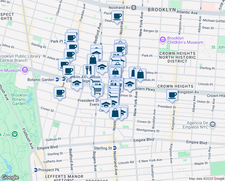 map of restaurants, bars, coffee shops, grocery stores, and more near 516 Eastern Parkway in Brooklyn