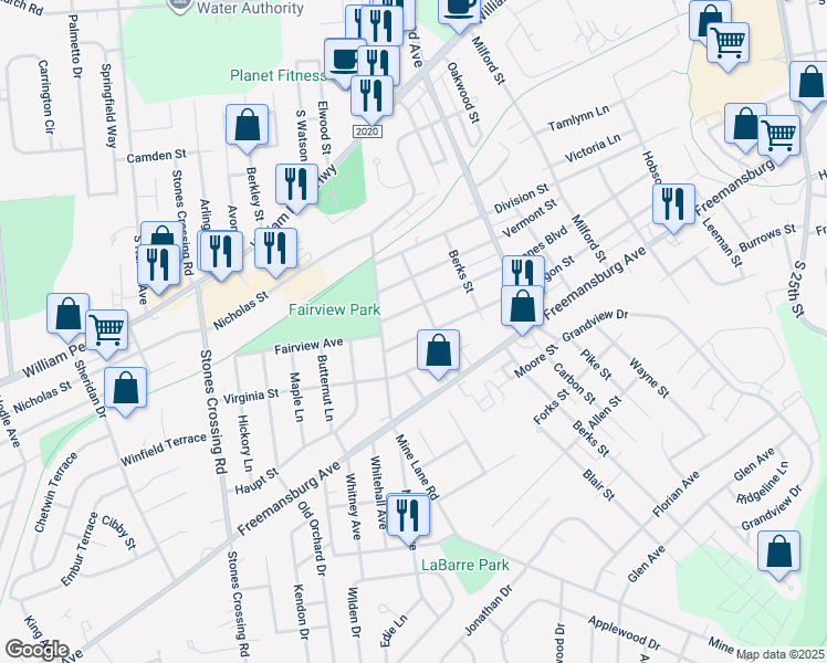 map of restaurants, bars, coffee shops, grocery stores, and more near 3405 Oregon Street in Easton